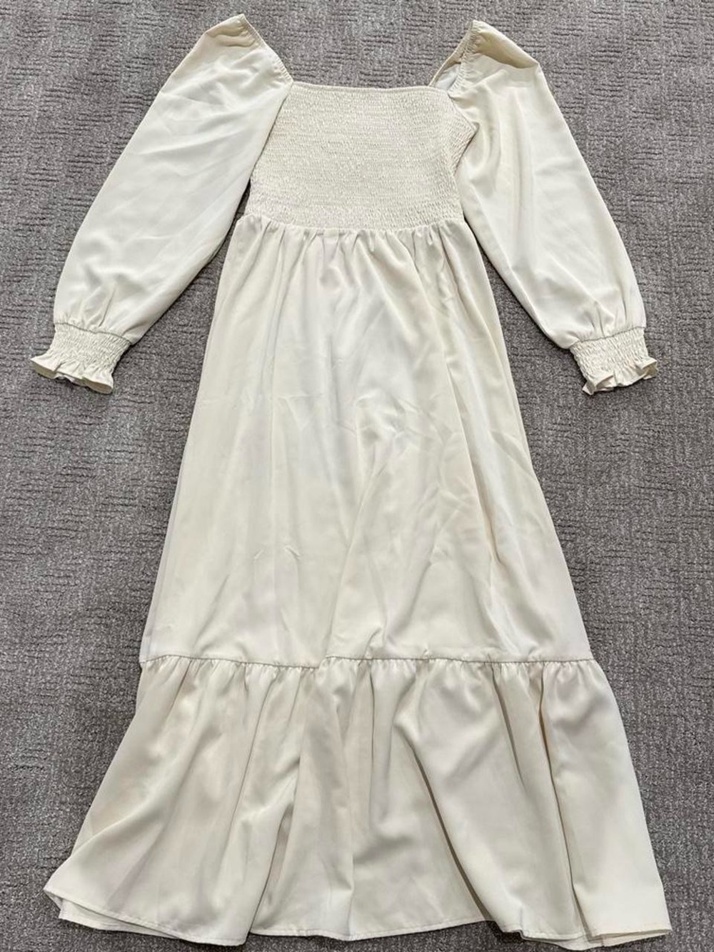 Cream Long Sleeve Maxi Dress - Smocked Bodice